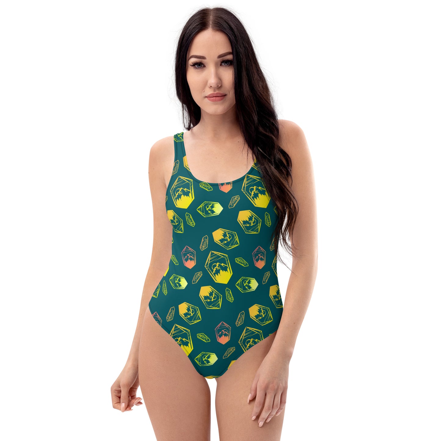 Neon Crystal Mountain One-Piece Swimsuit - Deep Teal