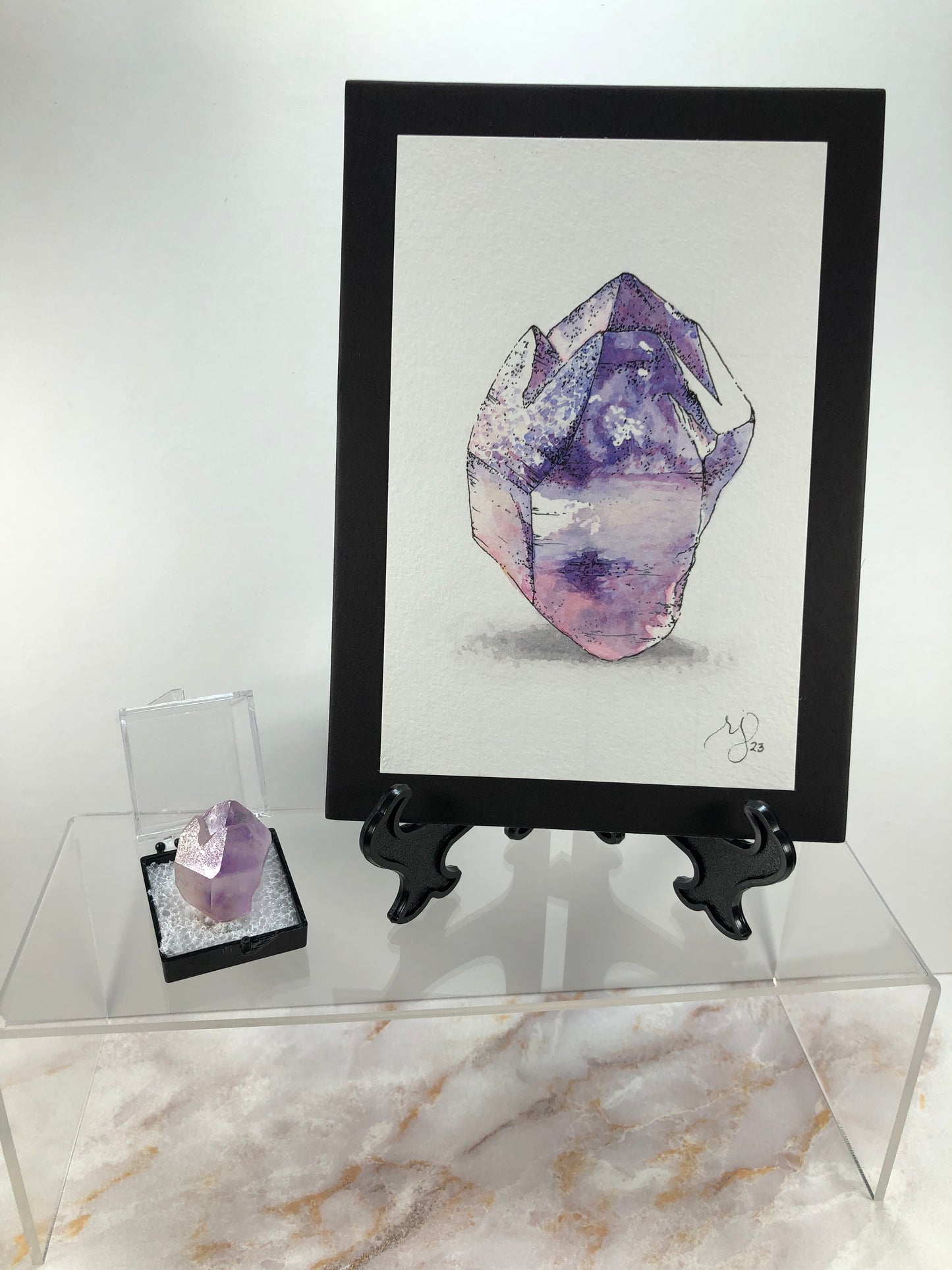 Amethyst thumbnail from Morocco with Watercolor painting.